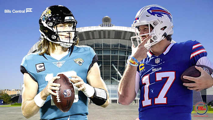 Jaguars QB Trevor Lawrence (L) and Bills QB Josh Allen